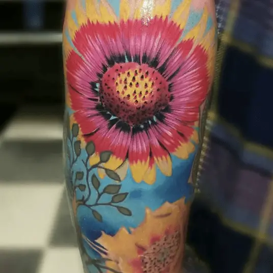 Colorful Big Blanket Flower Leg Tattoo