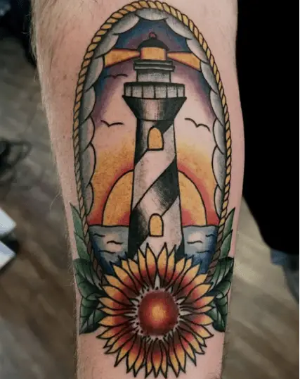 Colored Native Blanket Flower With Lighthouse Leg Tattoo