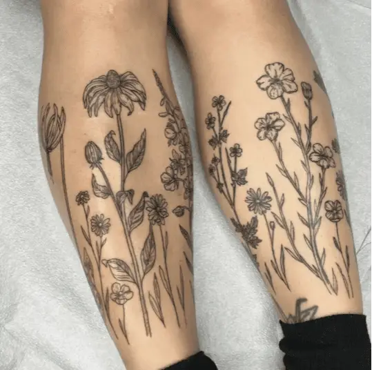 Line Work Mixed Wildflower on Both Legs Tattoo