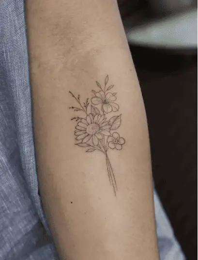 Fine Line Mini Mixed Wildflower Bouquet Arm Tattoo