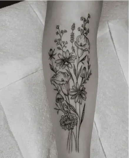 Line Work Mixed Wildflower Leg Tattoo