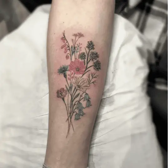 Colored Delicate Mixed Wildflower Arm Tattoo