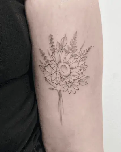 Fine Line Mixed Wildflower Bouquet Arm Tattoo