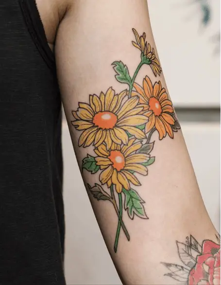 Colored Four Yellow Wild Chrysanthemum Upper Arm Tattoo