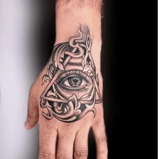 Black and Grey 3D Triangle Eye With Leaves Hand Tattoo