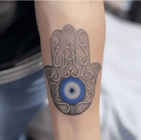 Colored Evil Eye in Hamsa Hand Arm Tattoo