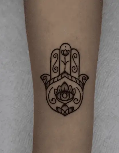 Black and Grey Floral Hamsa Hand Evil Eye Arm Tattoo