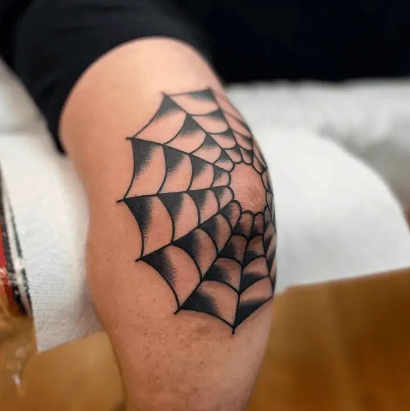 Black and Grey Spider Web Knee Tattoo