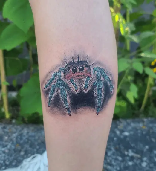 Jumping Spider Colored Leg Tattoo