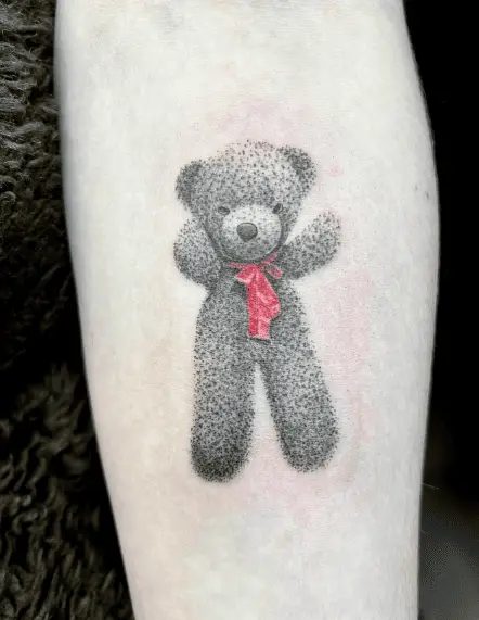 Grey Teddy Bear with Red Bow Dotted Tattoo 