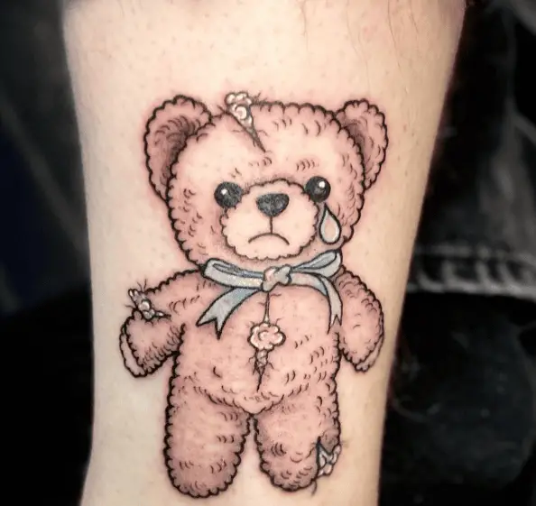 Damaged Crying Teddy with Blue Bow Tattoo