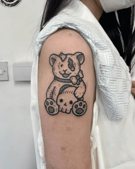 Smiling Damaged Teddy Line Tattoo