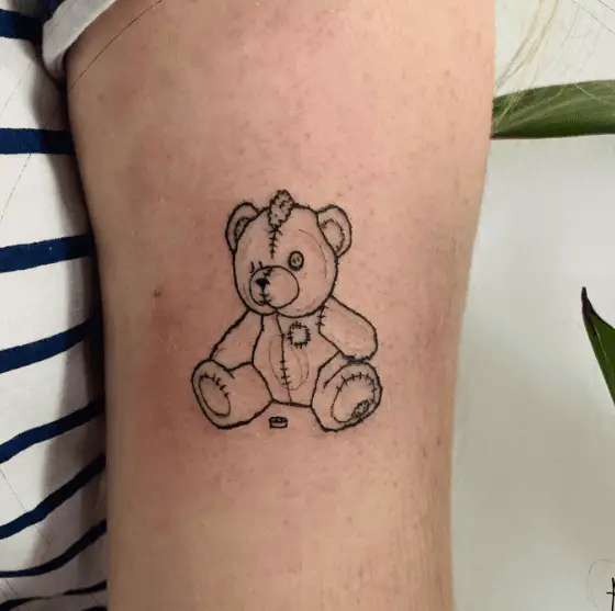 Black Line Damaged Teddy with Stitches Tattoo