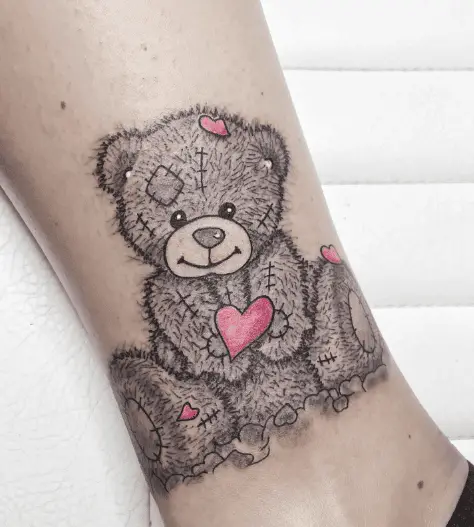 Furry Teddy with Pink Hearts Tattoo