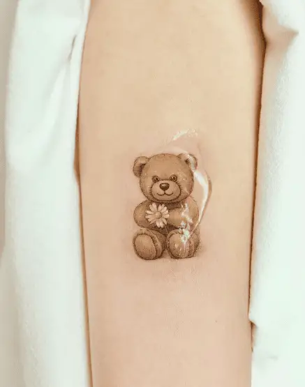 Brown Teddy with Daisy Flower Tattoo