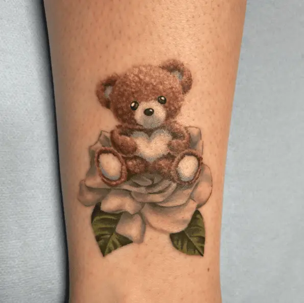 Teddy Bear on a Gardenia Flower Tattoo