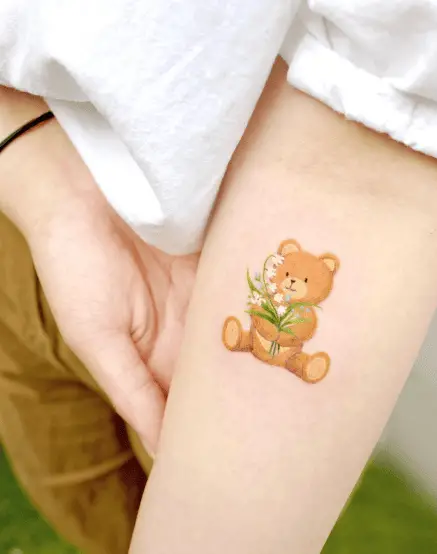 Brown Teddy with White Florals Tattoo
