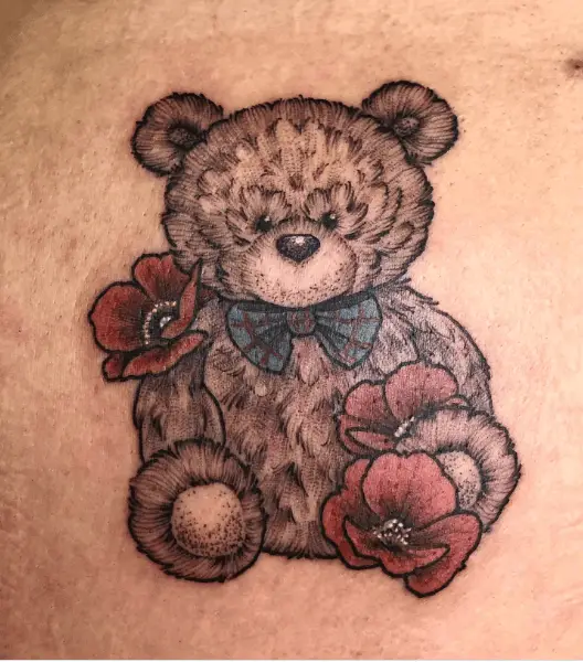 Fluffy Teddy with Red Florals Tattoo