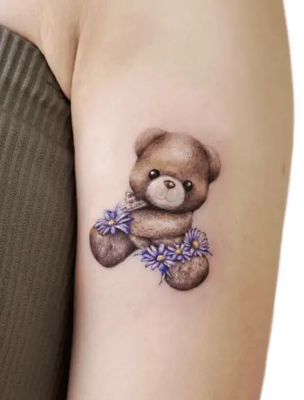 Brown Teddy with Purple Flowers Tattoo