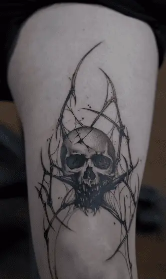 Skull Head Spider Thigh Tattoo