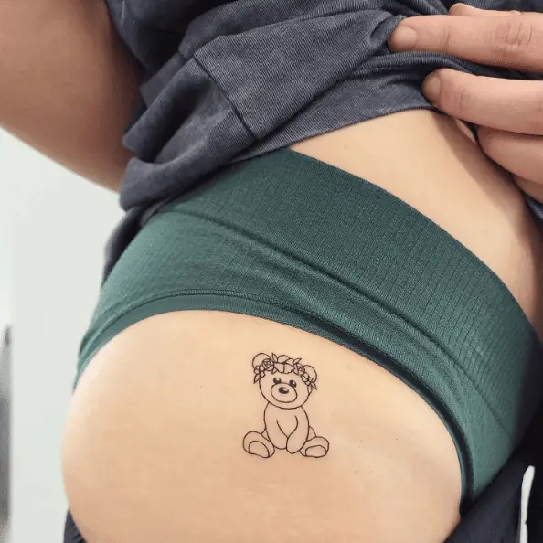 Simple Line Teddy with Flower Crown Tattoo