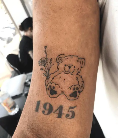 Linework Teddy Bear with Floral Tattoo