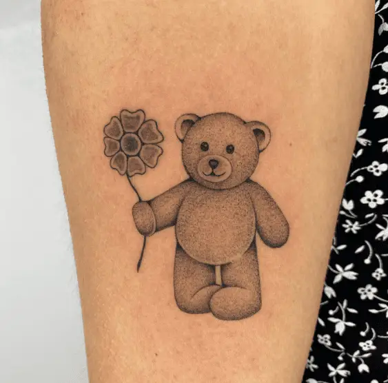 Grey Teddy and Single Flower Tattoo