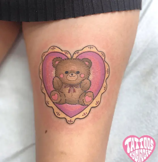 Brown Teddy and Heart Cushion Tattoo