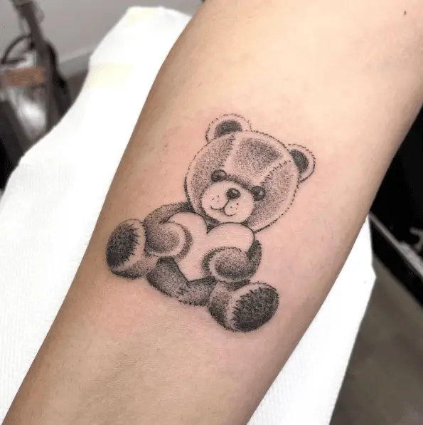 Greyscale Teddy and Heart Tattoo