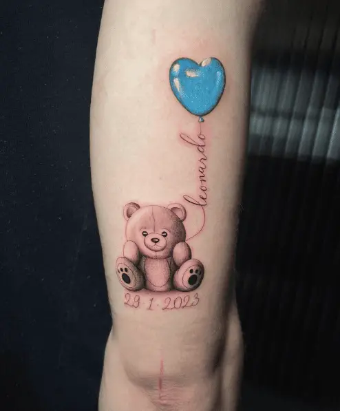 Greyscale Teddy with Blue Heart Balloon Tattoo