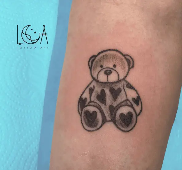 Sketch Style Teddy with Black Hearts Tattoo