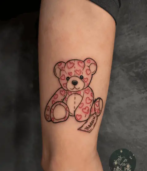 Black Line Teddy with Red Hearts Tattoo