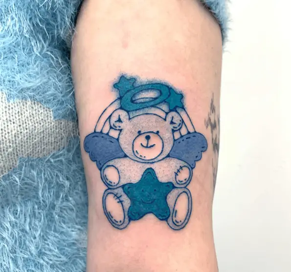 Blue Ink Teddy Angel Tattoo