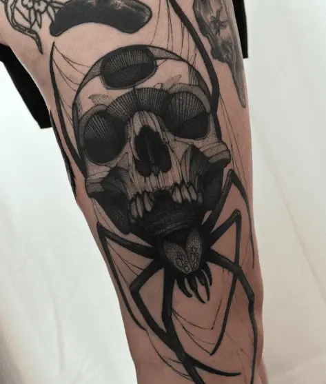 Black and Grey Spooky Skull Spider Tattoo