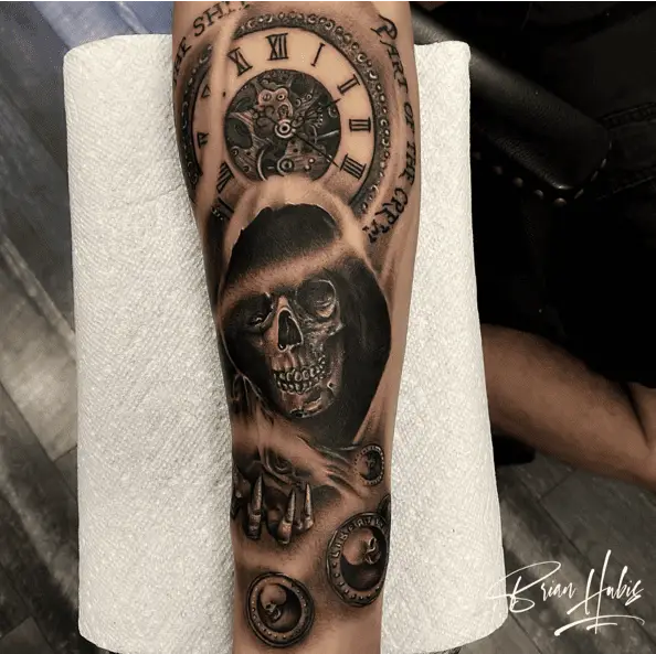 Detailed Grim Reaper with Long Sharp Nails and a Vintage Clock Tattoo