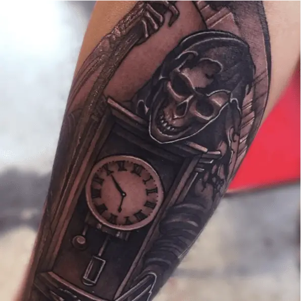 Grim Reaper Holding a Classic Wall Clock Black and Grey Tattoo