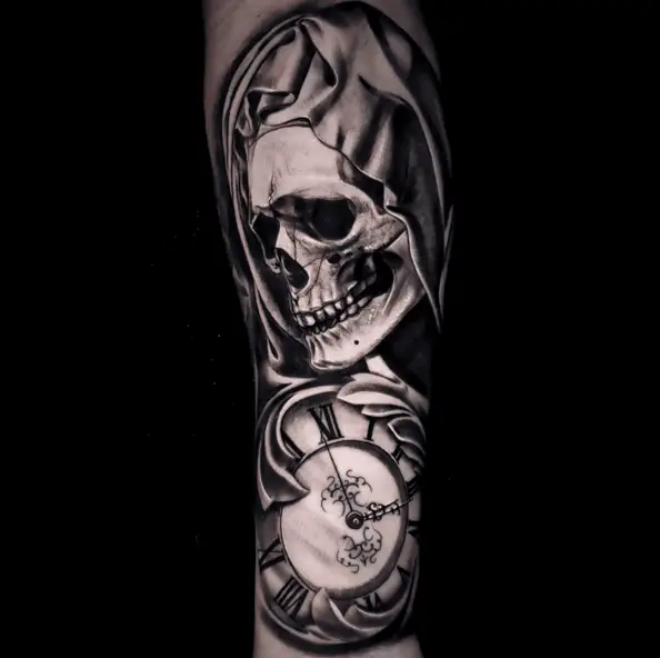 Hooded Grim Reaper and an Antique Clock Tattoo