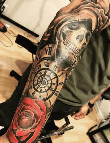 Grim Reaper Head, Time Loop Vintage Clock, and a Red Rose Tattoo