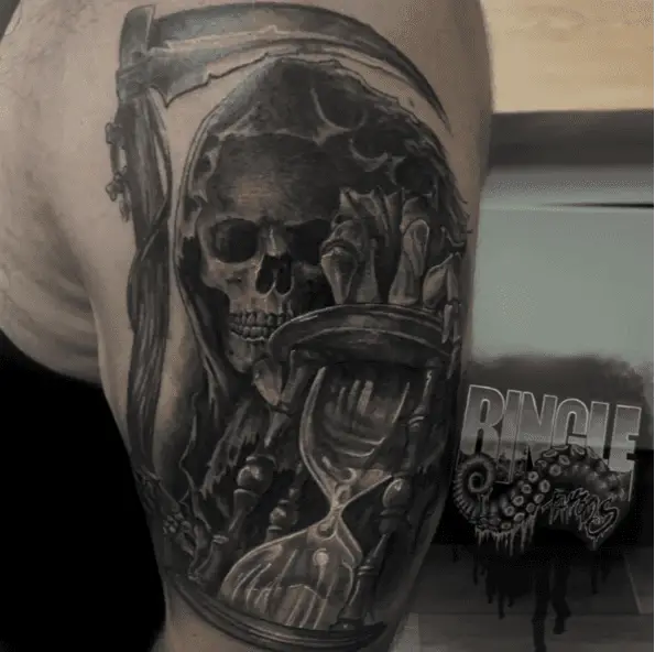 Close Up Grim Reaper With Hourglass Black and Grey Tattoo