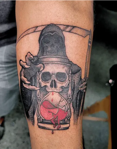 Grim Reaper Reaching the Broken Skull Hourglass with Red Blood Tattoo
