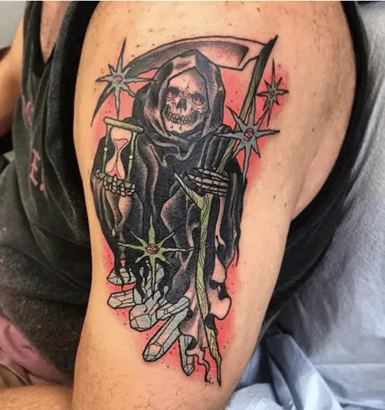 Grim Reaper Holding an Hourglass with Evil Eye Stars and Crystals Colored Tattoo