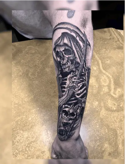 Skeleton Grim Reaper and Human Skull Hourglass Tattoo
