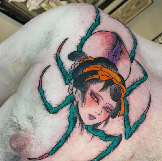 Traditional Japanese Lady Face Spider Tattoo