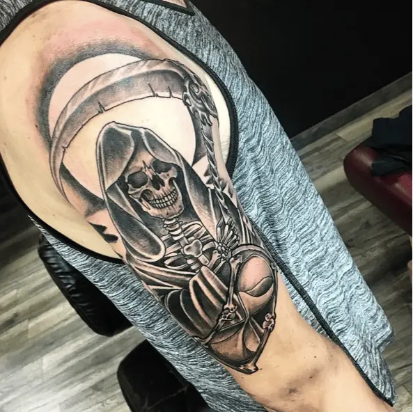 Grim Reaper With Hourglass Black and Gray Tattoo