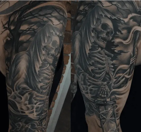 Grim Reaper in a Forest Carrying an Hourglass Tattoo