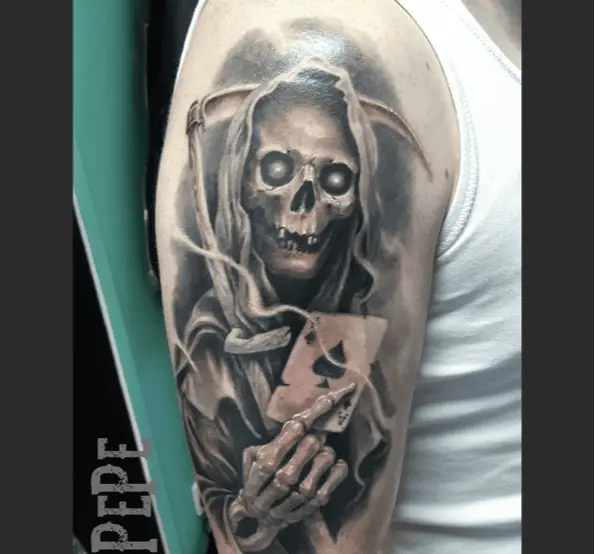 Glowing Eye Grim Reaper with Ace of Spades Tattoo