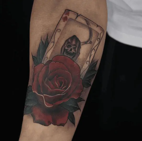 Grim Reaper Inside the Ace of Spades on Top of Big Red Rose Tattoo