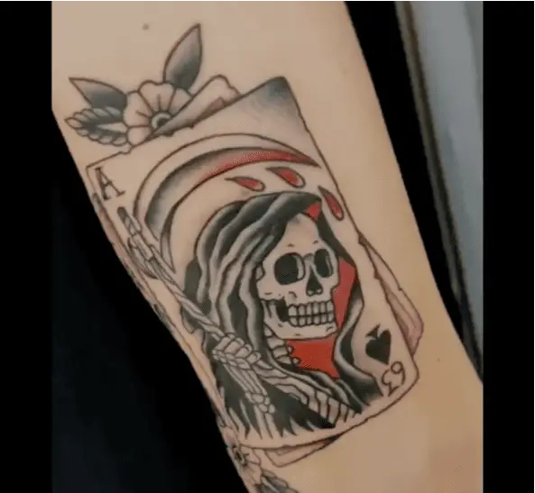 Grim Reaper Scythe Blood Dropping Playing Card Spades With Flowers Tattoo