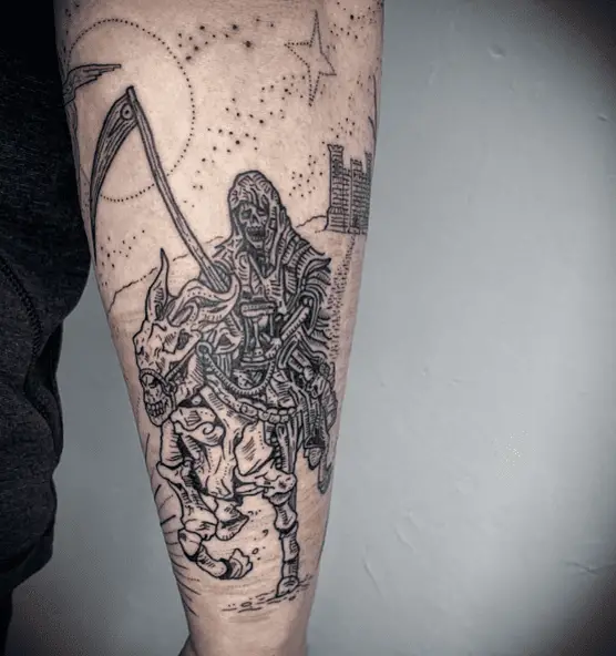 Grim Reaper on Skeleton Horse Walking Away From the Castle Tattoo