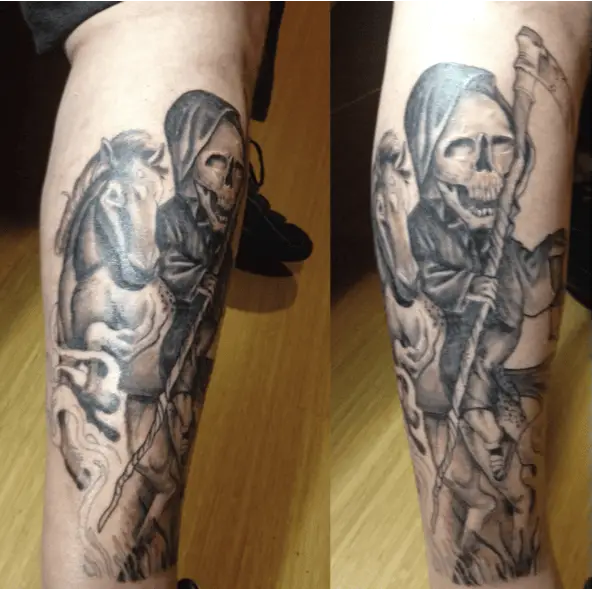 Big Head Grim Reaper on Horse Jumping Black and Grey Tattoo
